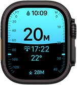 Apple Watch Ultra 4, titanium case, black colour, Depth app showing diving metrics, right side exterior, Digital Crown, raised side button