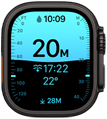 Apple Watch Ultra 4, titanium case, black colour, Depth app showing diving metrics, right side exterior, Digital Crown, raised side button