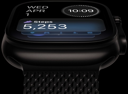 Apple Watch Ultra 4, titanium case, black colour, black and grey Activity analog watch face, titanium Milanese Loop band, black colour