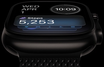Apple Watch Ultra 4, titanium case, black colour, black and grey Activity analog watch face, titanium Milanese Loop band, black colour
