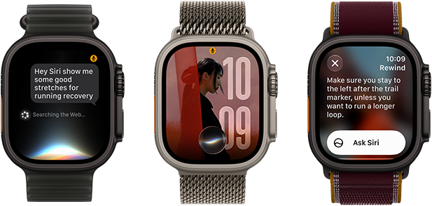 Three Apple Watch Ultra 4 devices, one with black titanium case, Siri AI conversation, translucent black Ocean Band, one with natural titanium case, personalized photo on watch face with Siri AI complication, natural titanium Milanese Loop band, and one with black titanium case, Siri Recap, burgundy Trail Loop band