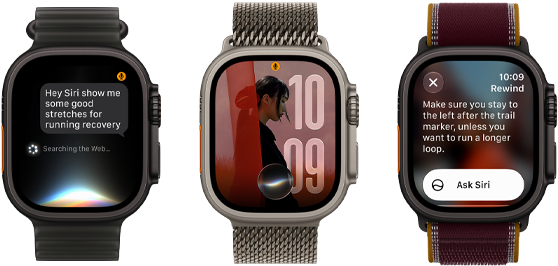 Three Apple Watch Ultra 4 devices, one with black titanium case, Siri AI conversation, translucent black Ocean Band, one with natural titanium case, personalized photo on watch face with Siri AI complication, natural titanium Milanese Loop band, and one with black titanium case, Siri Recap, burgundy Trail Loop band