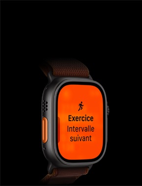Apple Watch Ultra 4, boîtier en titane, couleur noir, entraînement de course, prochain intervalle, côté gauche, bouton Action orange, bracelet Alpin