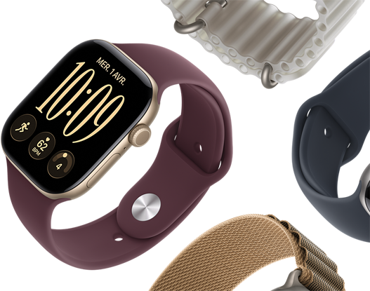 Bracelets d’Apple Watch Series 11 : bracelet sport brume violette, bracelet Océan bleu nautique, bracelet Alpin bleu clair