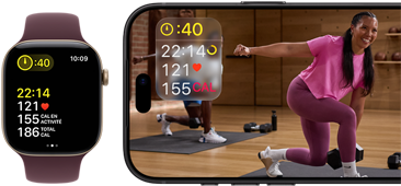 Apple Watch à côté d’un iPhone affichant une séance Apple Fitness+