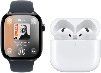 Apple Watch Series 12, boîtier en aluminium, couleur noir, bracelet sport noir, app Apple Music ouverte, la montre jumelée à des AirPods 4