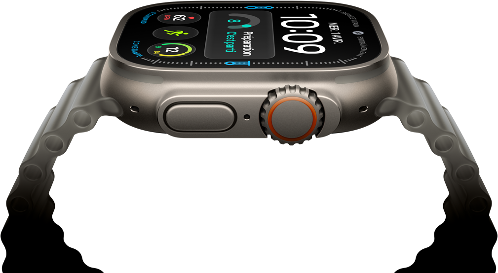 Apple Watch Ultra 4, boîtier en titane, couleur naturel, cadran d’horloge numérique, complications : préparation, fréquence cardiaque, entraînements, température, côté droit, couronne Digital Crown, bouton latéral surélevé, bracelet Océan, couleur gris translucide
