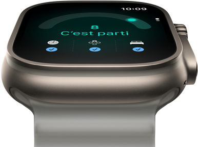 Apple Watch Ultra 4, boîtier en titane, couleur naturel, score de préparation de 8, côté droit, couronne Digital Crown, bouton latéral surélevé, bracelet Océan, couleur gris translucide