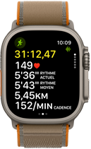 Apple Watch Ultra 4, boîtier en titane, couleur naturel, données avancées d’une séance de course à l’extérieur, côté droit, couronne Digital Crown, bouton latéral surélevé, bracelet Sentier, couleur sable