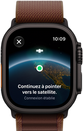 Apple Watch Ultra 4, boîtier en titane, couleur noir, connexion satellite, côté droit, couronne Digital Crown, bouton latéral surélevé, bracelet Alpin, couleur bourgogne