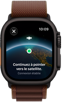Apple Watch Ultra 4, boîtier en titane, couleur noir, connexion satellite, côté droit, couronne Digital Crown, bouton latéral surélevé, bracelet Alpin, couleur bourgogne