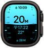 Apple Watch Ultra 4, boîtier en titane, couleur noir, app Profondeur affichant des données de plongée, côté droit, couronne Digital Crown, bouton latéral surélevé