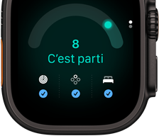 Apple Watch Ultra 4, boîtier en titane, couleur noir, score de préparation de 8, côté droit, couronne Digital Crown, bouton latéral surélevé