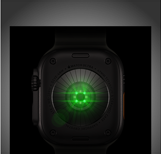 Dos d’une Apple Watch Ultra 4, boîtier en titane, couleur noir, plusieurs capteurs ronds à DEL vertes illuminées