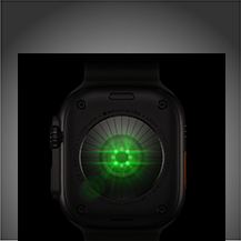 Dos d’une Apple Watch Ultra 4, boîtier en titane, couleur noir, plusieurs capteurs ronds à DEL vertes illuminées