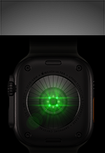 Dos d’une Apple Watch Ultra 4, boîtier en titane, couleur noir, plusieurs capteurs ronds à DEL vertes illuminées