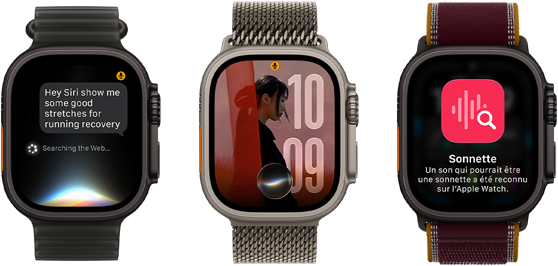 Trois Apple Watch Ultra 4, la première avec boîtier en titane noir, conversation avec Siri A I, bracelet Océan noir translucide, la deuxième avec boîtier en titane de couleur naturel, photo personnalisée sur le cadran avec complication Siri A I, bracelet milanais en titane de couleur naturel, et la troisième avec boîtier en titane noir, bracelet Sentier bourgogne