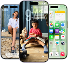 iPhone 17, exterior front, Dynamic Island centred near top, three colours: Mist Blue, Lavender, Sage