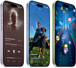 Des iPhone 17, face avant, côté, montrant Apple Music, l’intelligence visuelle et un jeu; bouton Action et boutons de volume
