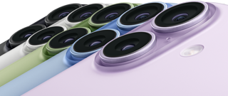 iPhone 17, face arrière, système à deux caméras Fusion, les cinq couleurs se superposent : noir, blanc, sauge, bleu aube, et lavande