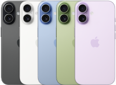 iPhone 17, face arrière, système à deux caméras Fusion, les cinq couleurs se superposent : noir, blanc, bleu aube, sauge et lavande