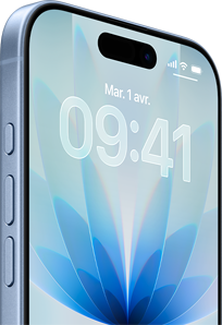 iPhone 17, face avant, bleu aube, Dynamic Island au centre, boutons : boutons Action, et de volume