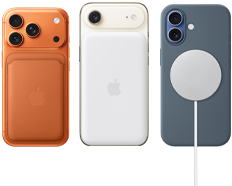 iPhone 17 Pro, face arrière, orange cosmique, portefeuille à tissage fin orange fauve avec MagSafe; iPhone Air, face arrière, or clair, avec batterie MagSafe; iPhone 17, face arrière, bleu aube, avec étui en silicone bleu nautique et chargeur MagSafe