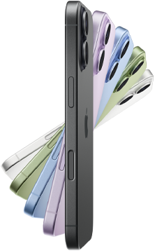 iPhone 17, côté, cinq couleurs : noir, lavande, bleu aube, sauge, et blanc.