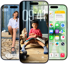 iPhone 17, face avant, Dynamic Island dans la partie centrale supérieure, trois couleurs : bleu aube, lavande sauge