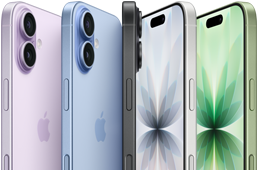 iPhone 17, face avant, face arrière, côté, cinq couleurs : lavande, bleu aube, noir, blanc, et sauge.