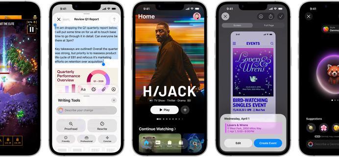 Side-by-side iPhone 17e devices showing different screens: a game being played, Writing Tools, Apple TV app, a calendar event being created, a Genmoji being created