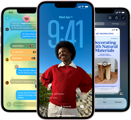 Three iPhone 17e devices, showing Messages app with Liquid Glass design, dynamic Lock Screen and Visual Intelligence in use