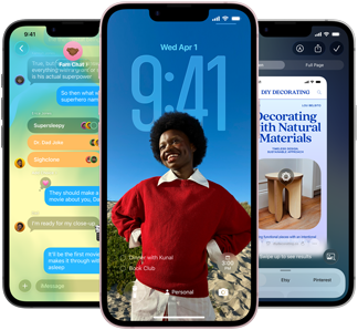 Three iPhone 17e devices, showing Messages app with Liquid Glass design, dynamic Lock Screen and Visual Intelligence in use