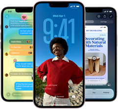 Three iPhone 17e devices, showing Messages app with Liquid Glass design, dynamic Lock Screen and Visual Intelligence in use