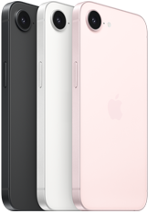 iPhone 17e, side and back exterior, black colour, side and back exterior, white colour, side and back exterior, soft pink colour, Fusion camera at top, side button