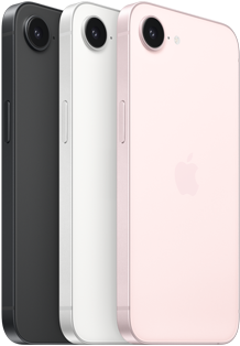 iPhone 17e, side and back exterior, black colour, side and back exterior, white colour, side and back exterior, soft pink colour, Fusion camera at top, side button