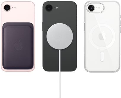 iPhone 17e in soft pink colour with FineWoven Wallet in midnight purple colour, iPhone 17e in black colour and MagSafe Charger, iPhone 17e in white colour with Clear Case with MagSafe