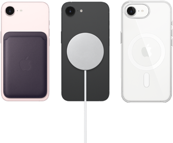 iPhone 17e in soft pink colour with FineWoven Wallet in midnight purple colour, iPhone 17e in black colour and MagSafe Charger, iPhone 17e in white colour with Clear Case with MagSafe