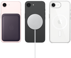 iPhone 17e in soft pink colour with FineWoven Wallet in midnight purple colour, iPhone 17e in black colour and MagSafe Charger, iPhone 17e in white colour with Clear Case with MagSafe