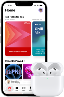 iPhone 17e, front exterior, Apple Music app with Home Screen open, next to AirPods Pro 3 in open MagSafe Charging case