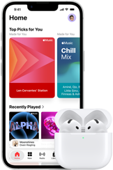 iPhone 17e, front exterior, Apple Music app with Home Screen open, next to AirPods Pro 3 in open MagSafe Charging case