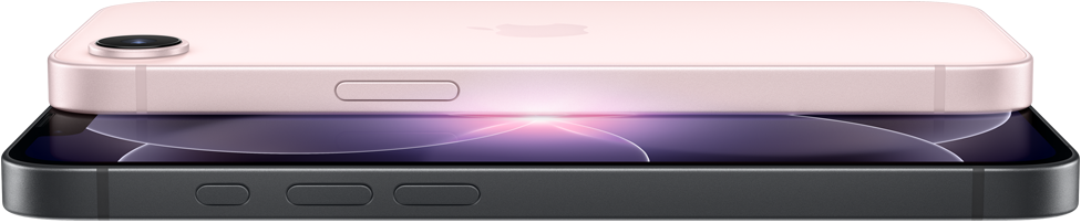 iPhone 17e, horizontal side and back exterior, soft pink colour, iPhone 17e, horizontal side and front exterior, black colour