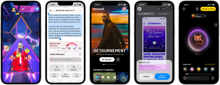 iPhone dix-sept-e côte à côte affichant différents écrans : un jeu en cours, les outils d’écriture, l’app Apple TV, la création d’un événement dans Calendrier et la création d’un Genmoji