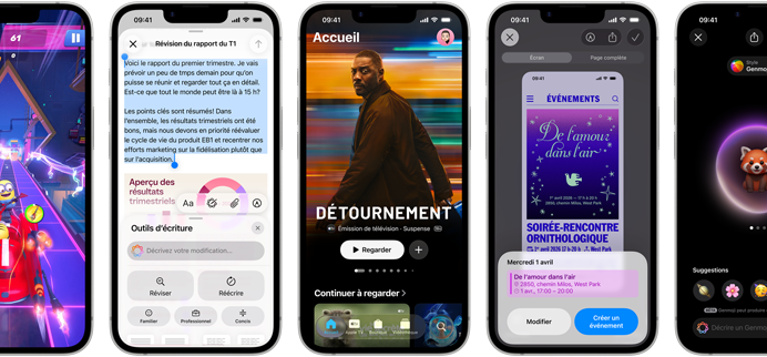 iPhone dix-sept-e côte à côte affichant différents écrans : un jeu en cours, les outils d’écriture, l’app Apple TV, la création d’un événement dans Calendrier et la création d’un Genmoji