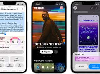 iPhone dix-sept-e côte à côte affichant différents écrans : un jeu en cours, les uutils d’écriture, l’app Apple TV, la création d’un événement dans Calendrier et la création d’un Genmoji