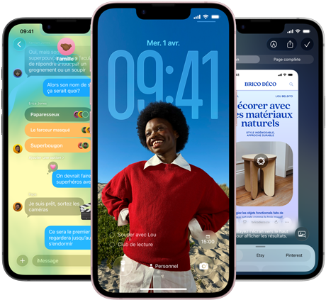Trois iPhone dix-sept-e, montrant l’app Messages avec le design en Liquid Glass, l’écran verrouillé dynamique et l’intelligence visuelle en cours d’utilisation