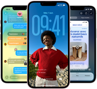 Trois iPhone dix-sept-e, montrant l’app Messages avec le design en Liquid Glass, l’écran verrouillé dynamique et l’intelligence visuelle en cours d’utilisation