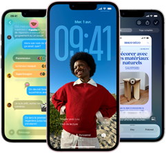 Trois iPhone dix-sept-e, montrant l’app Messages avec le design en Liquid Glass, l’écran verrouillé dynamique et l’intelligence visuelle en cours d’utilisation