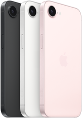 iPhone dix-sept-e, vue latérale et arrière, noir, vue latérale et arrière, blanc, vue latérale et arrière, rose pâle, caméra Fusion dans la partie supérieure, bouton latéral