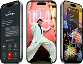 3 modèles d’iPhone 17 Pro, face avant, côte à côte, affichant iOS 26, l’effet liquid glass et Apple Intelligence